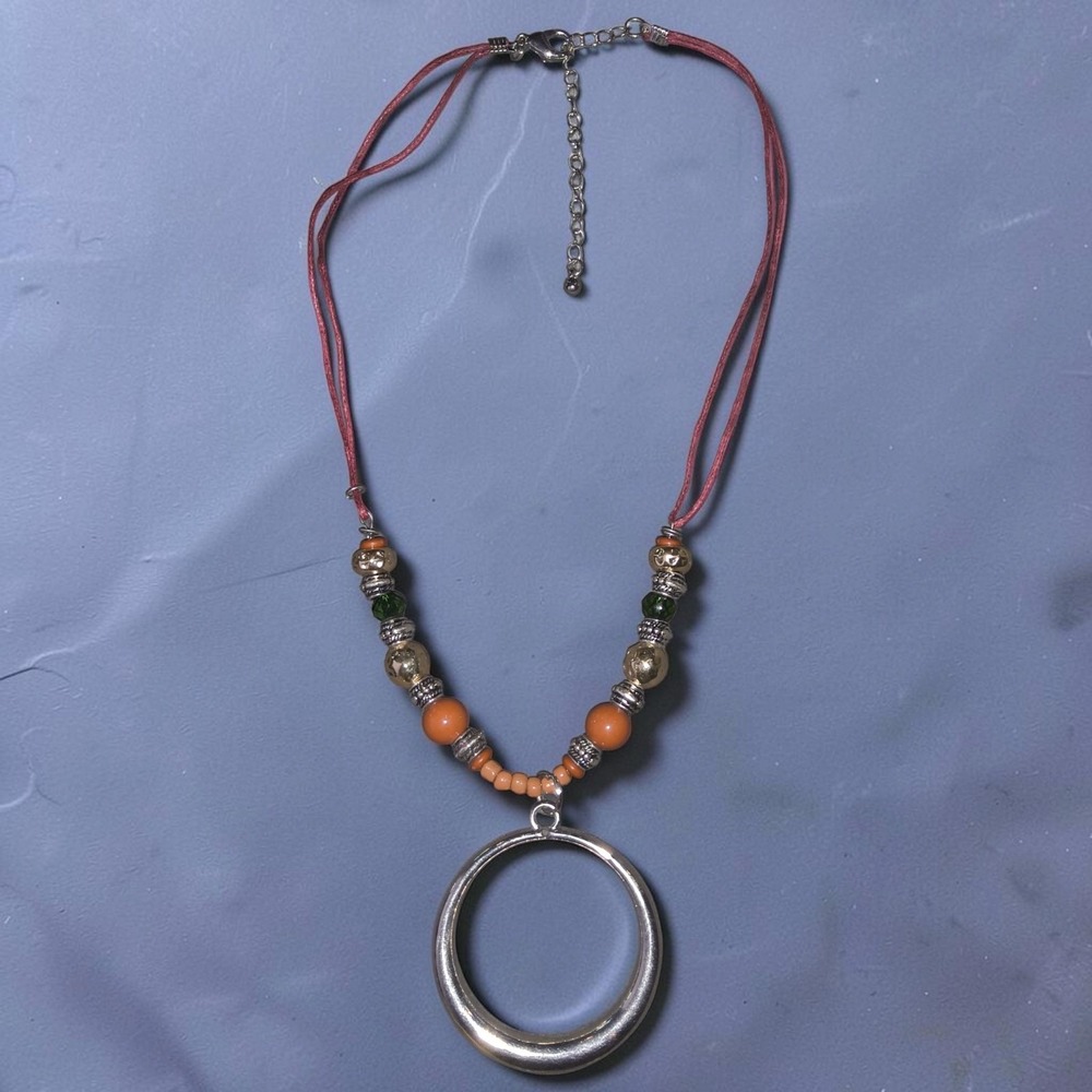 Boho Southwestern Open Circle Pendant Necklace Mixed Beads Cord